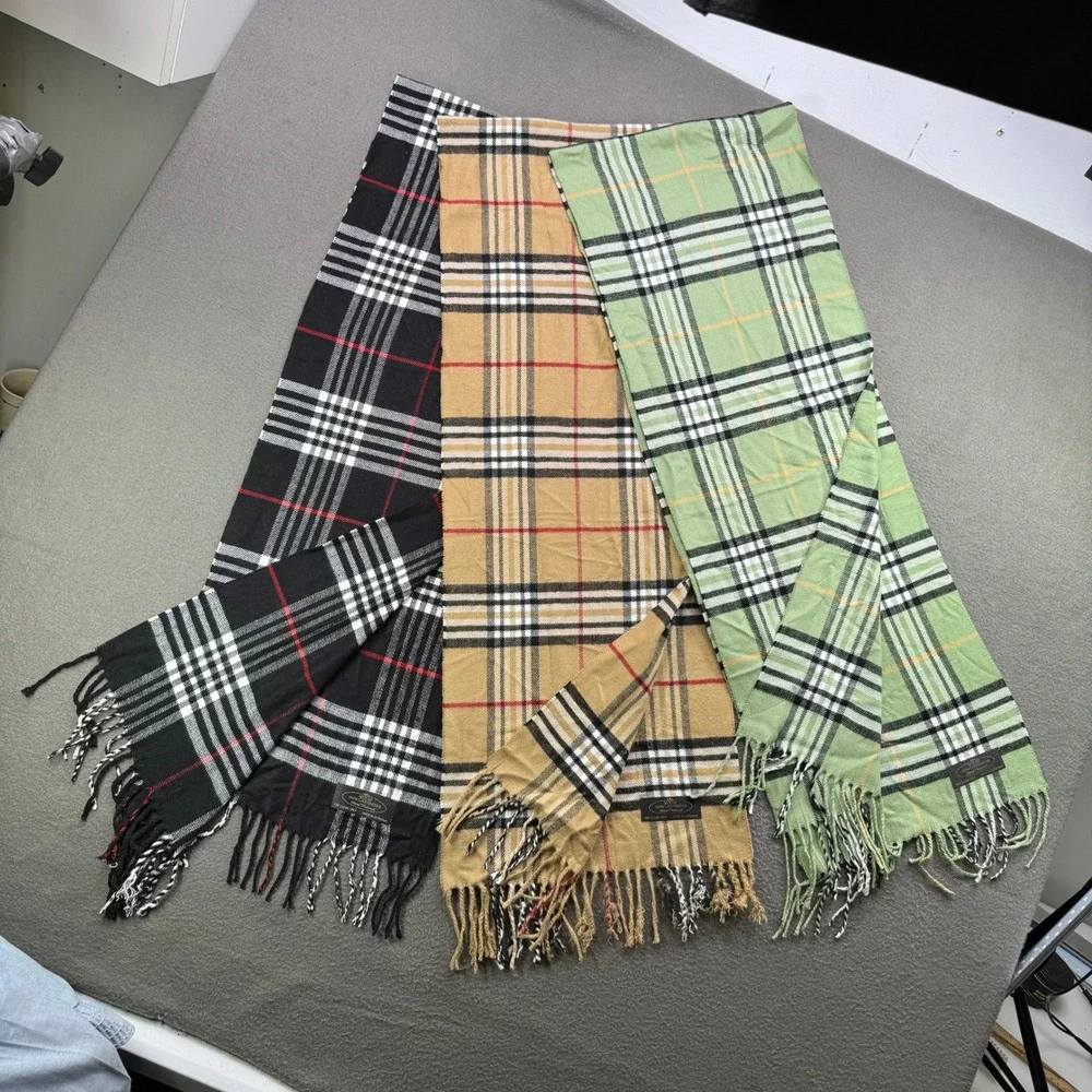 HGB Cashmere Scarves Unisex OS Lot Of 3 Plaid Made Germany Fringe Neckwear Soft